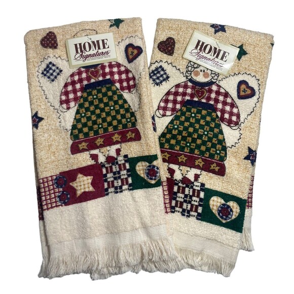 Vintage Cecil Saydah Dish Towel Set Primitive Country Angel Patchwork Hearts New - Picture 2 of 6